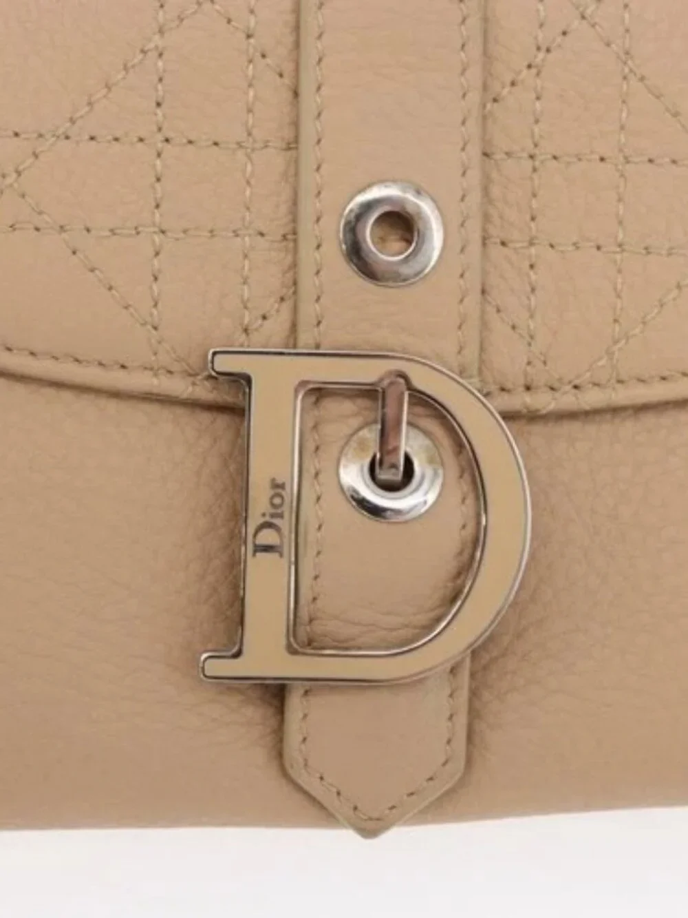 Christian Dior Bifold Wallet Leather Beige Silver Auth 181514